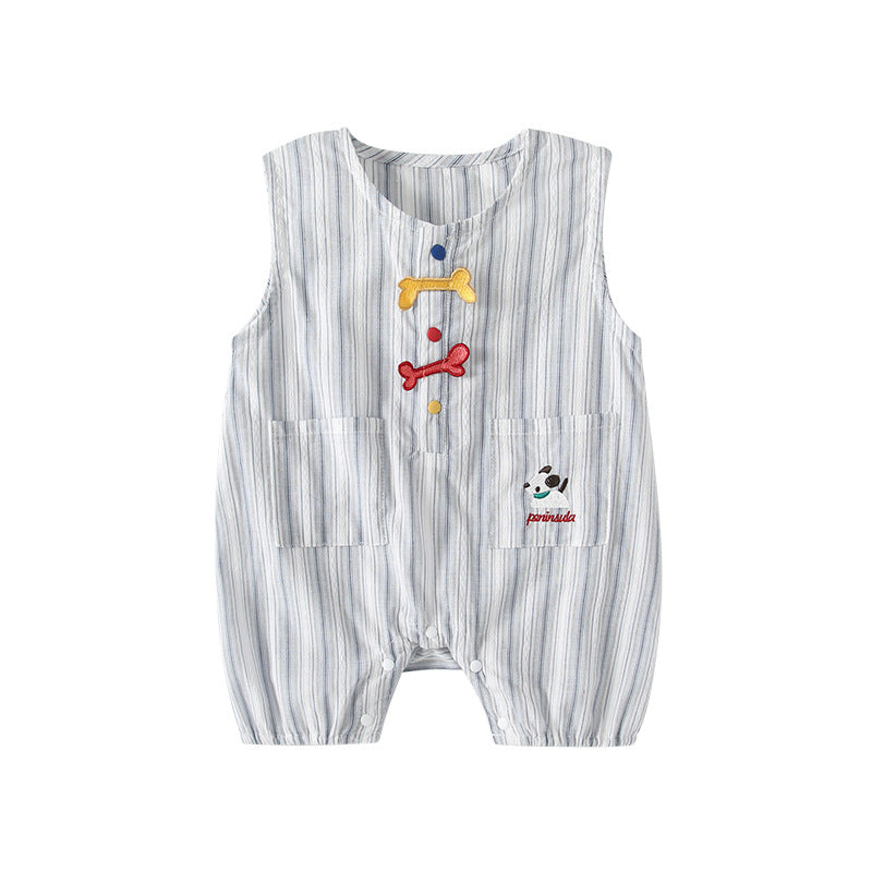 Bone Embroidery Summer Double Pocket Vest Jumpsuit, Climbing Suit