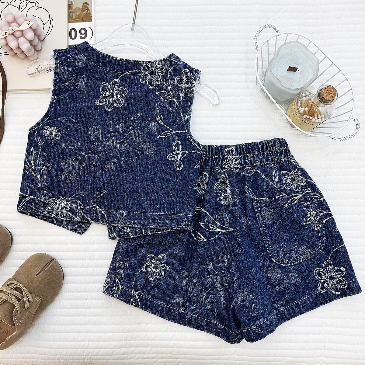 Printed Jeans Summer Stylish Korean Sleeveless Vest Shorts Two-piece Children's Suit
