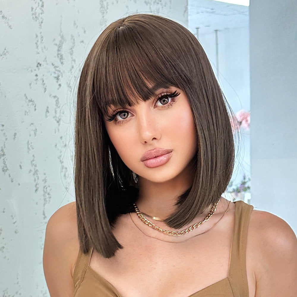 Elegant Female Gradient Gray Brown Shoulder Wig Short Curly Hair