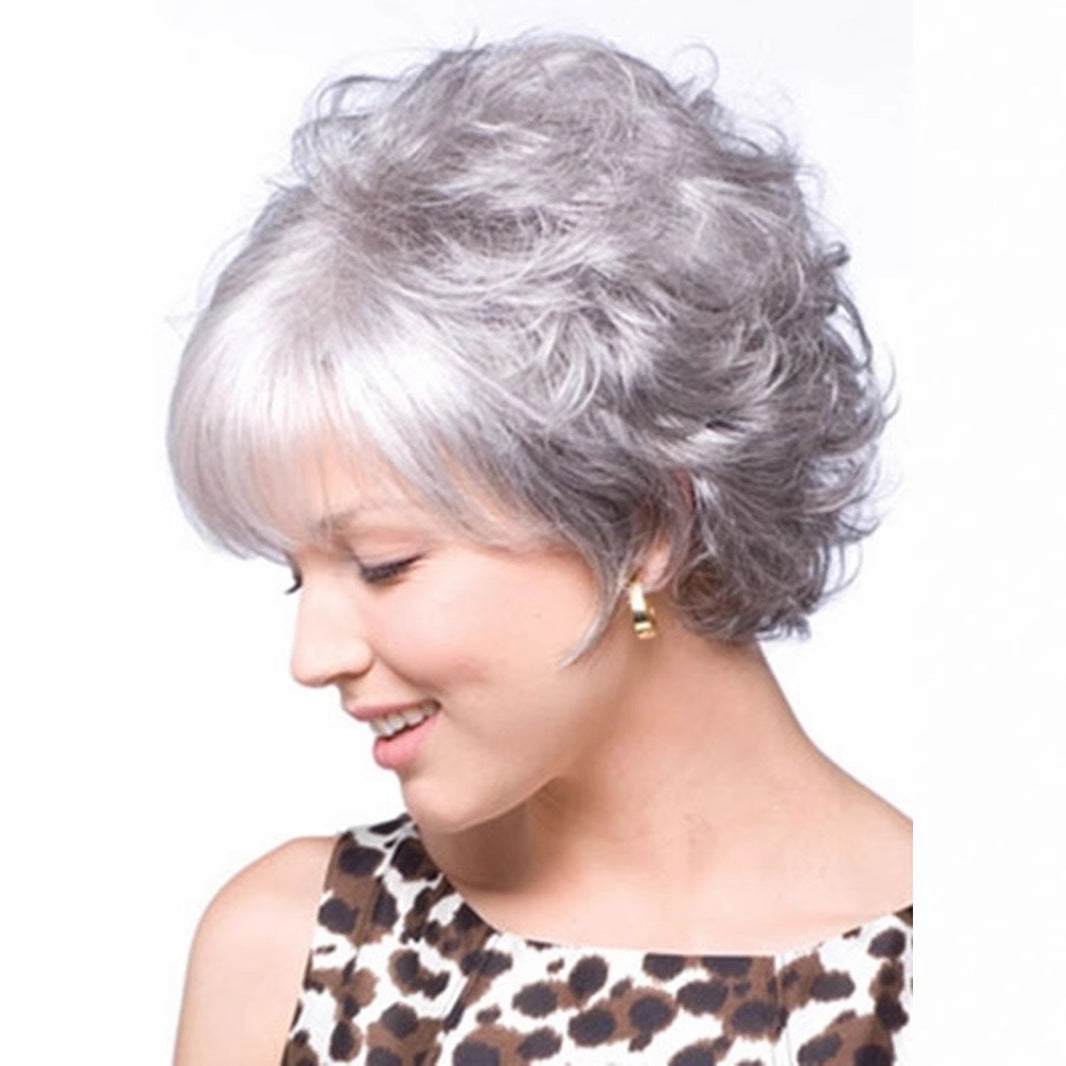 Human Granny Grey Flower White Fluffy Lifelike Wig Short Curly Hair
