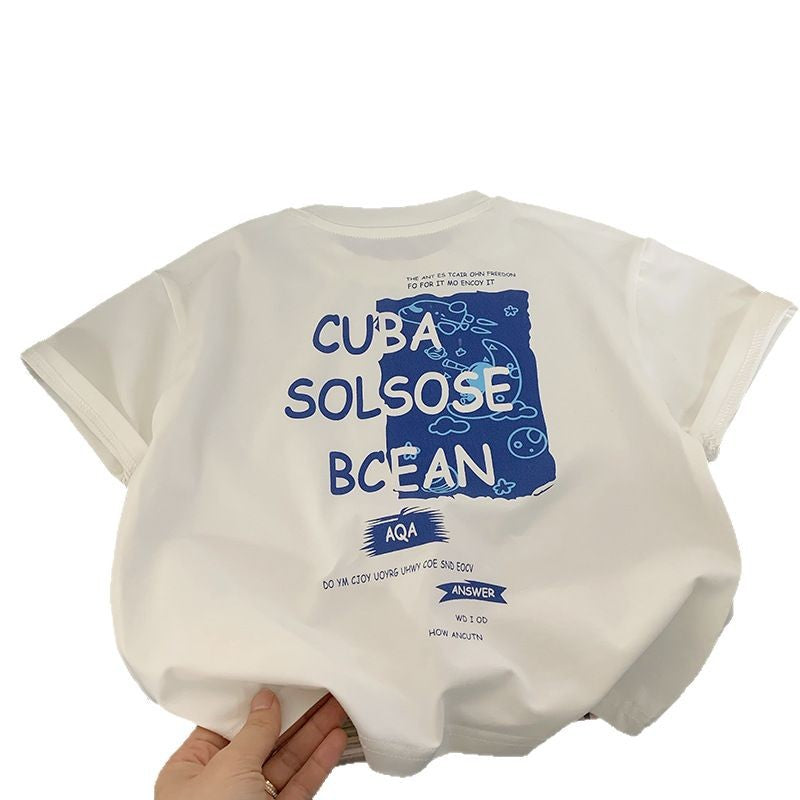 Children's Black Technology White Short-sleeved Breathable Cotton Casual Top Children's T-shirt