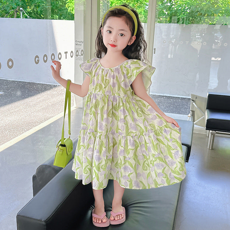 Ruffled Collar Floral Tulip Sweet Kindergarten Primary School Children's Dress
