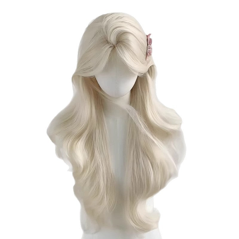 White Gold Color Female Big Wave Curly Hair Bangs Universal Wig Long Curls