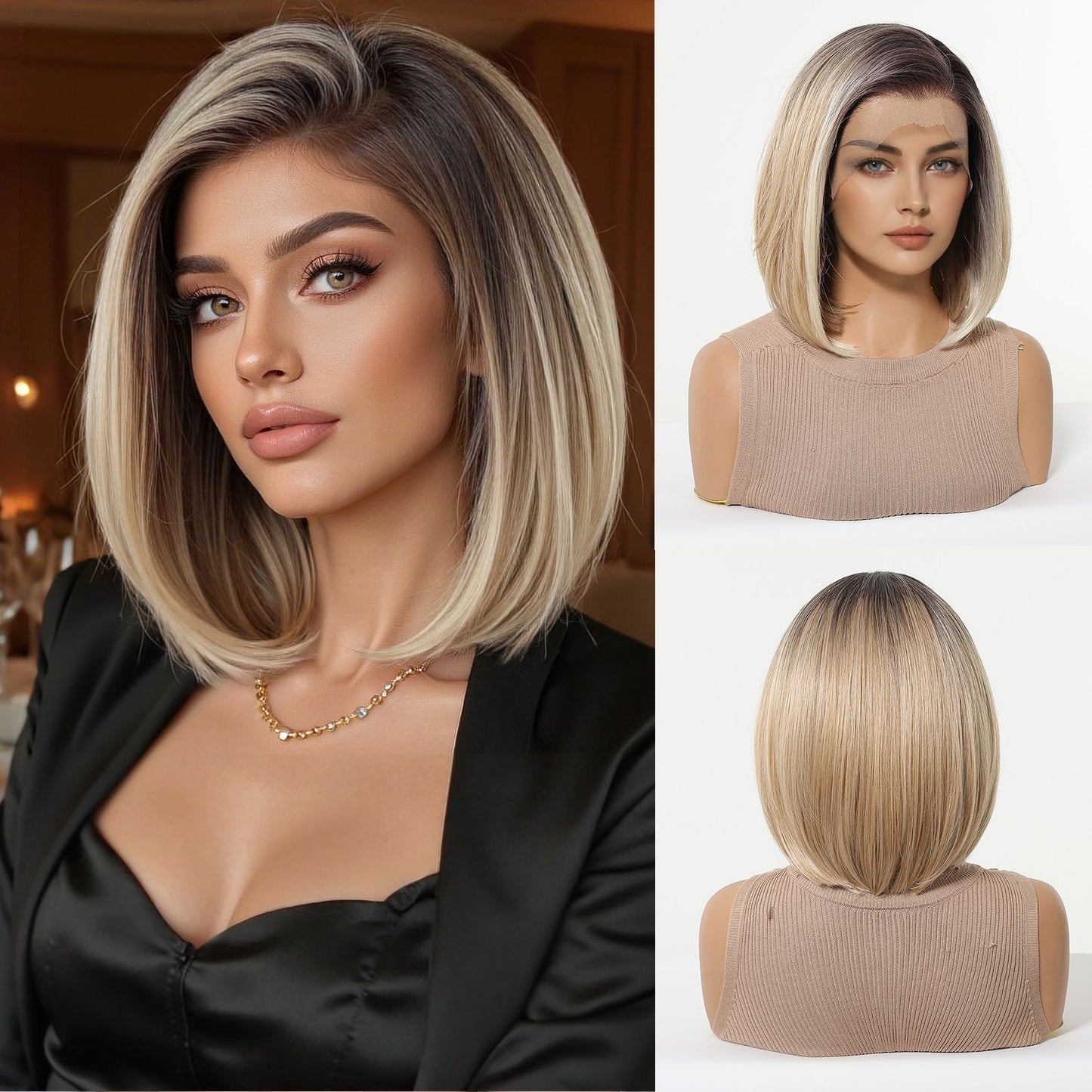 Women's Crocheted Lace On Forehead Fiber Gradient Golden Wig Short Straight Hair