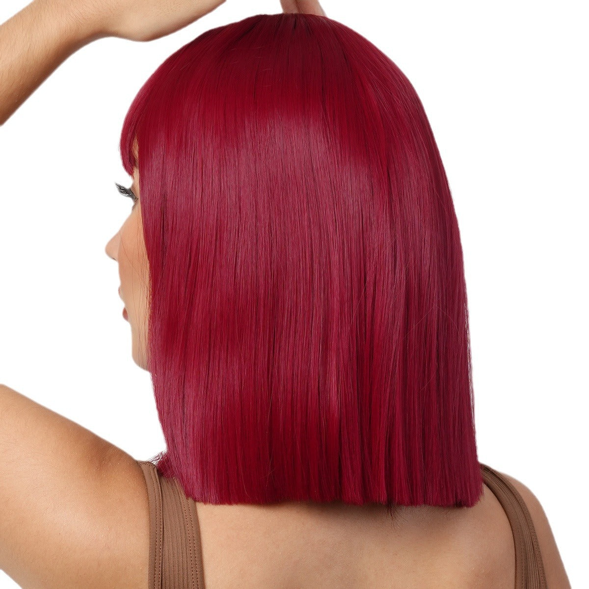 Sweet Style Wine Red Bangs Fashion Wig Short Straight Hair