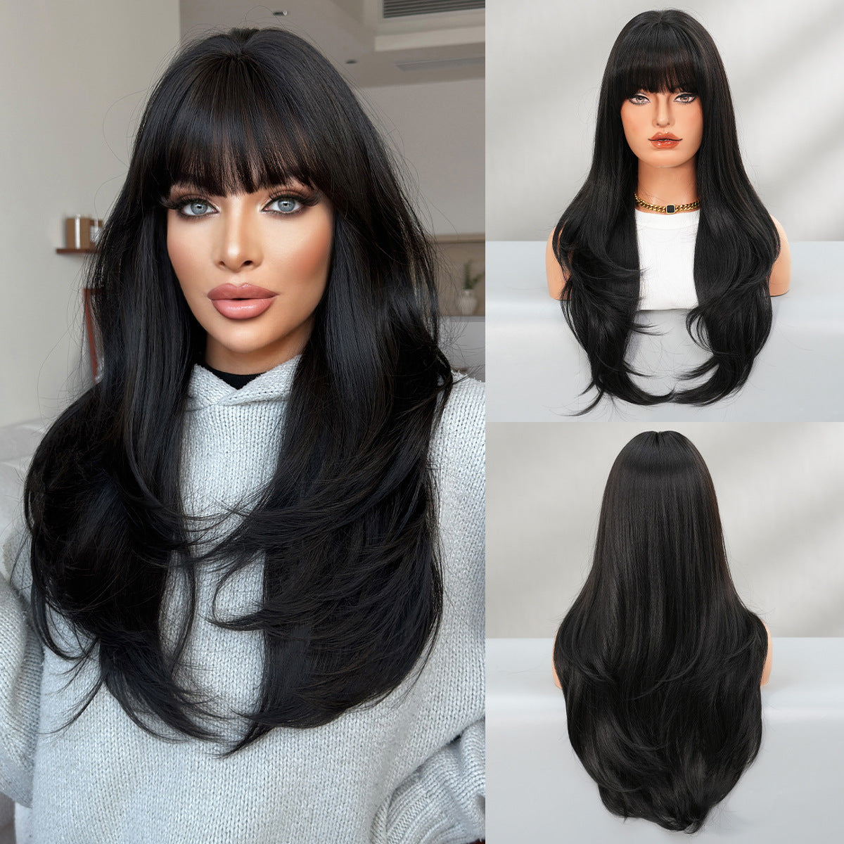Black Full Top Bangs High Quality Chemical Long Straight Wig
