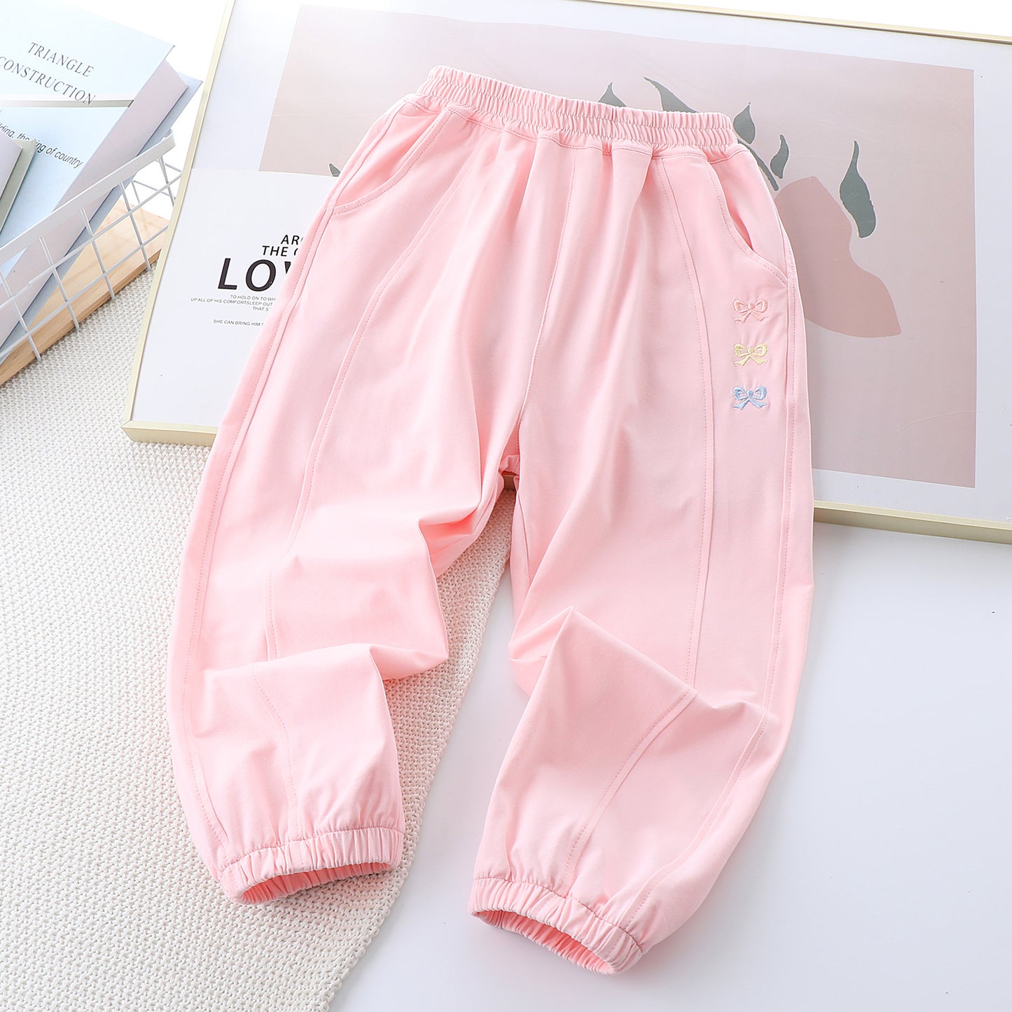 Children's Embroidery Bowknot Casual Korean Style Thin Children's Pants
