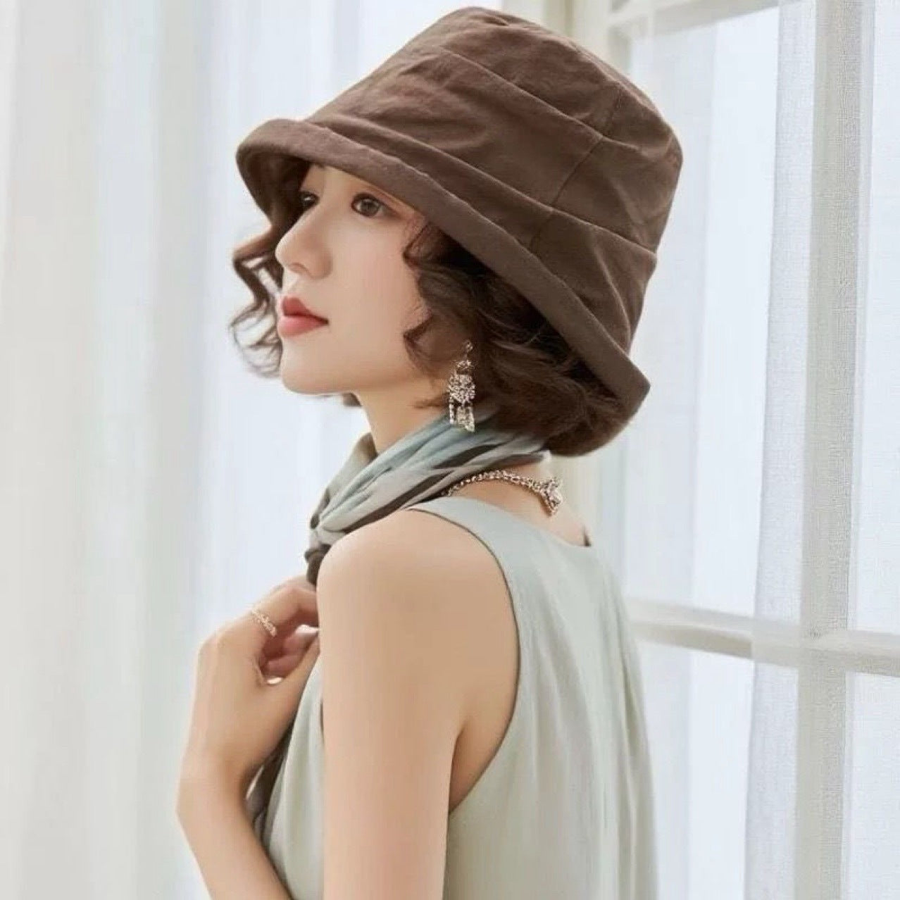 Hat Integrated Simple Pleated Fisherman Fashion Wig Short Curly Hair