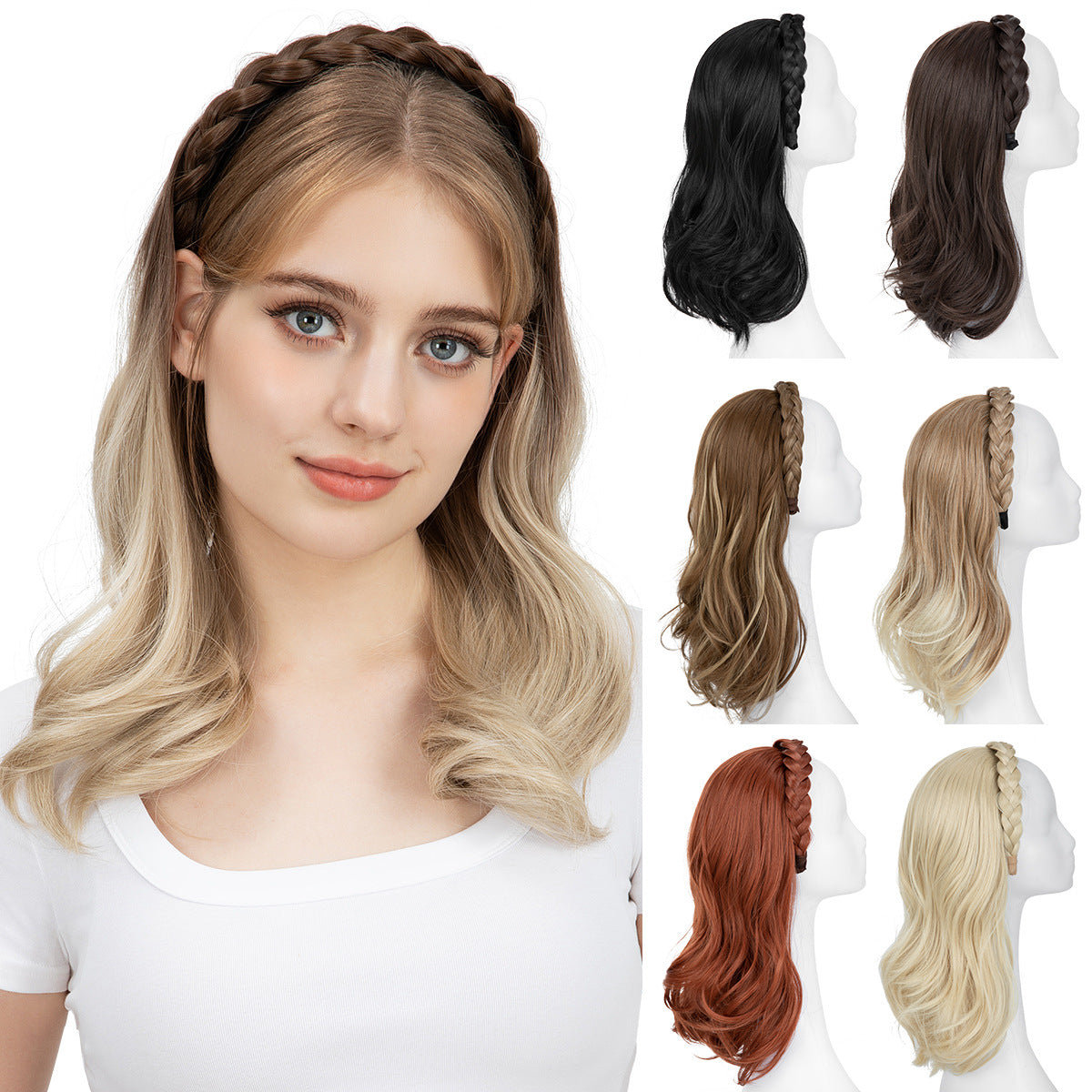 Women's Half Headgear Extension Makes Face Look Smaller Fiber Three-strand Braid Wig Long Curls