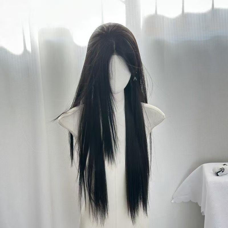 White Moonlight Female Black Mid-length Bangs Universal Simulation Long Straight Wig