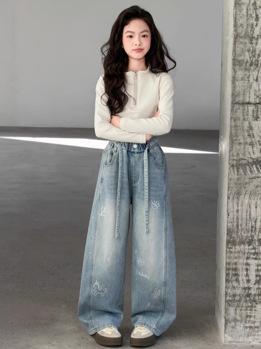 Matchet Printed Korean Jeans Loose-fitting Trousers Children's Pants