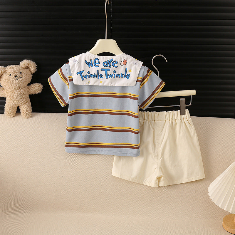 Children's Summer Korean Cute Boy Cartoon Striped Shawl Short Children's Suit