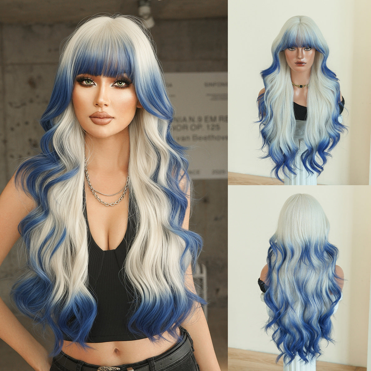 Gradient Color Wave Super Curly Hair Straight Bangs Fluffy Chemical Wig Long Curls