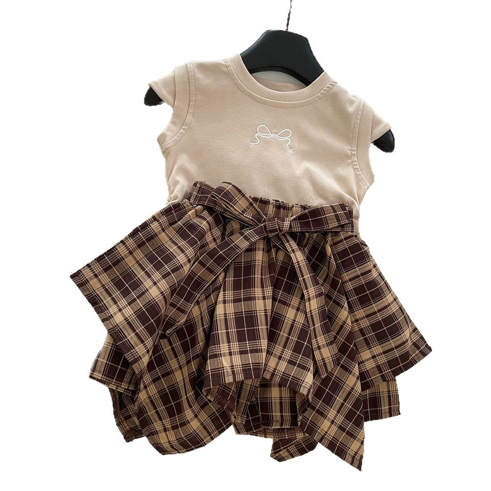 Thin Plaid Bow Irregular Skirt Two-piece Children's Suit