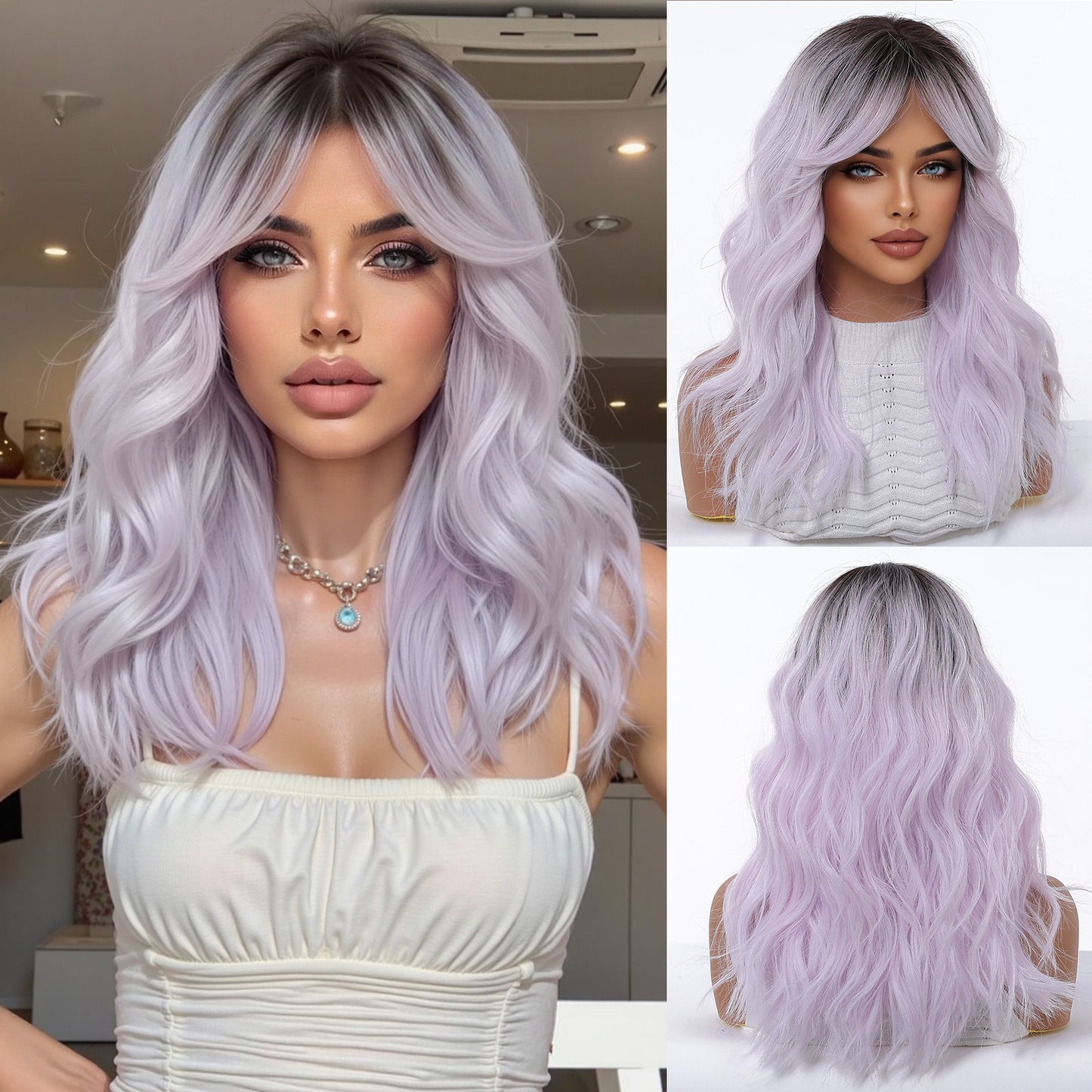 Sier Gray Gradient Mid-length Fiber Natural Fluffy Wig Long Curls