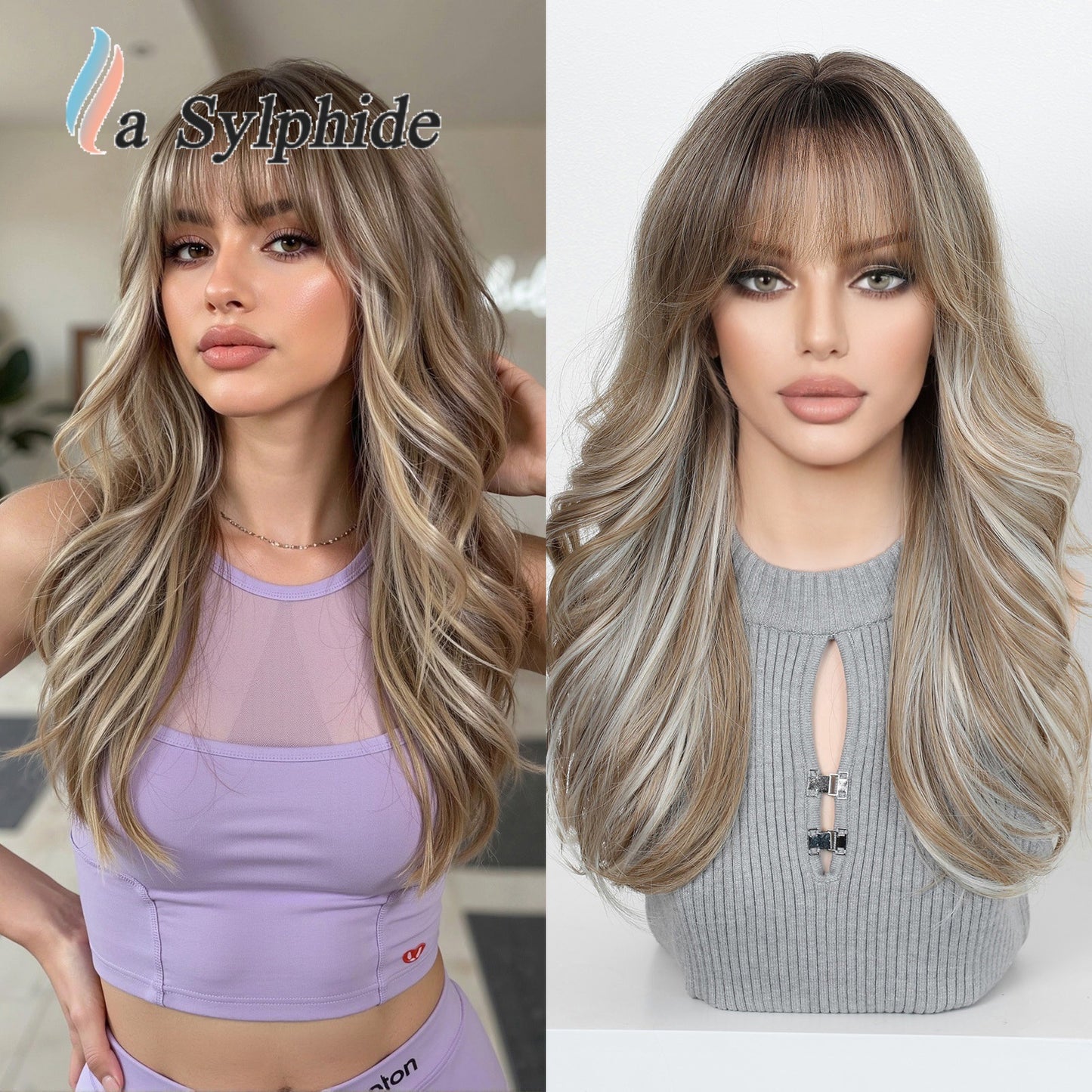 Female Brown Sier Gray Dyed Curly Hair Wig Long Curls