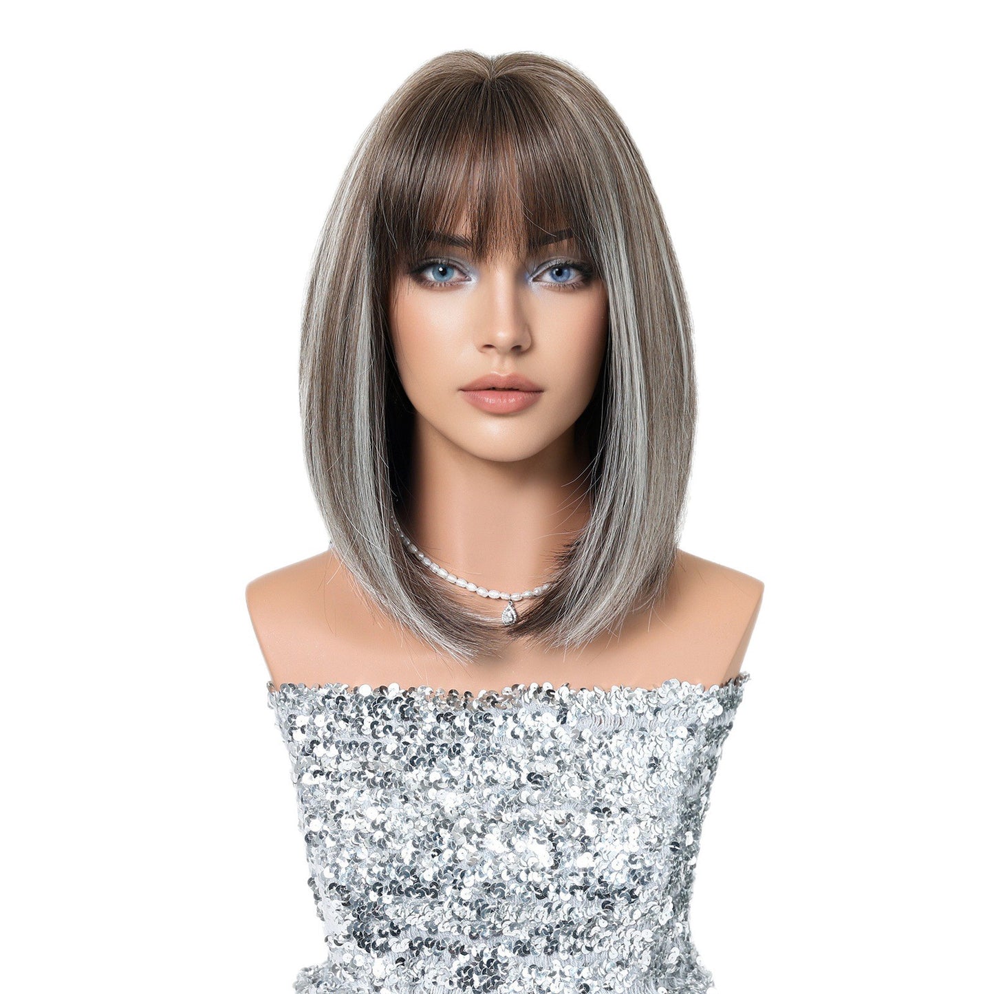Chemical Fiber Highlight Dyed Summer Breathable Bangs Cut Collarbone Length Wig Short Straight Hair