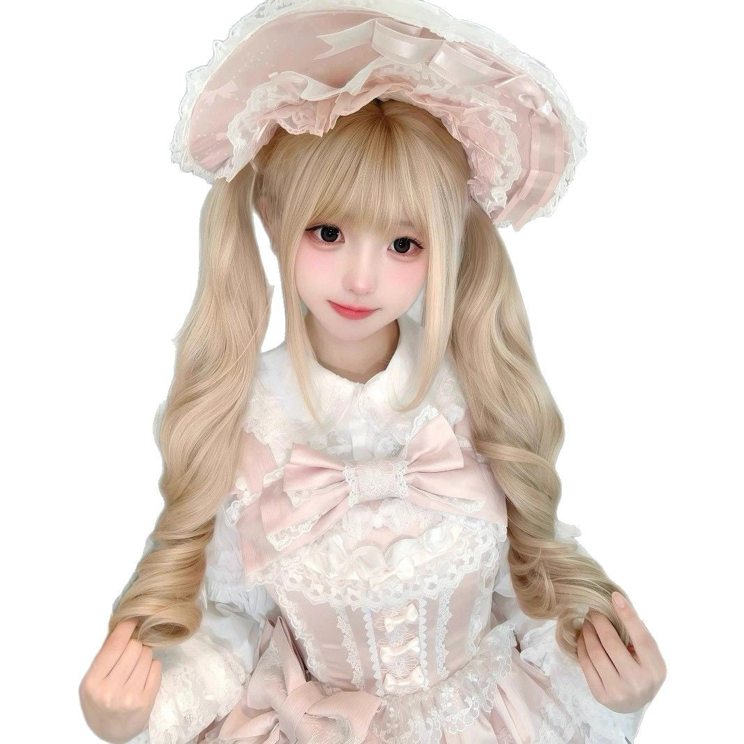 Natural Double Ponytail Straight Bangs Roman Wig Long Curls