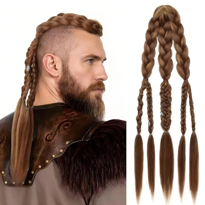 Men's Viking Dreadlocks Hand-woven Barrettes Button Batch Wig Ponytail