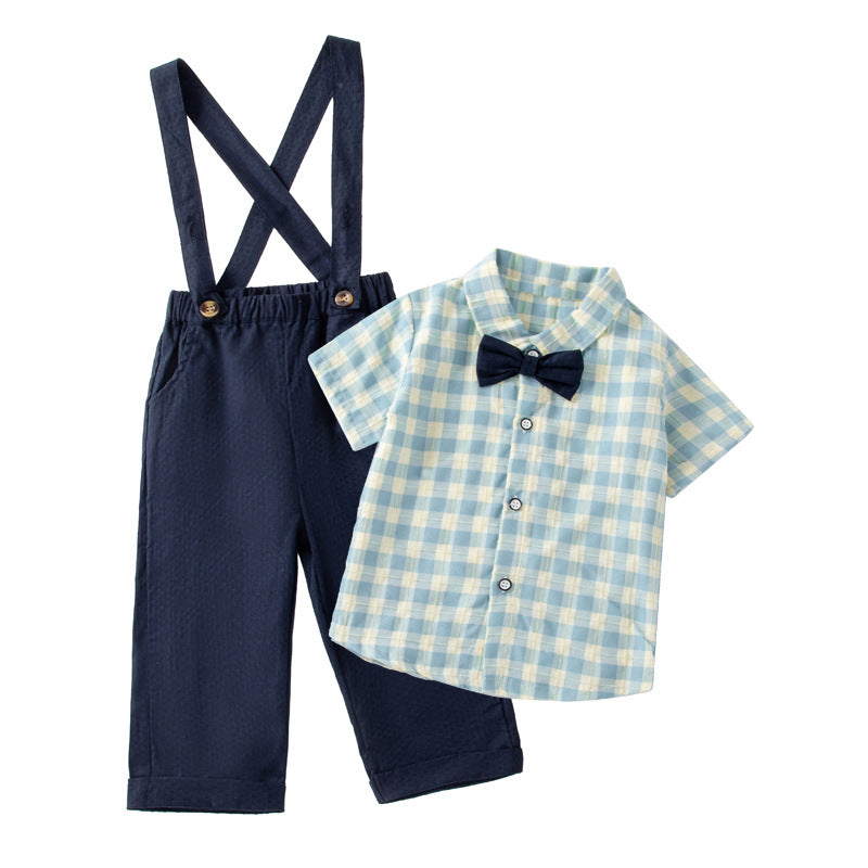 Children's Plaid Shirt Short-sleeved Suspender Pants Korean Style Boy's Clothing Children's Suit