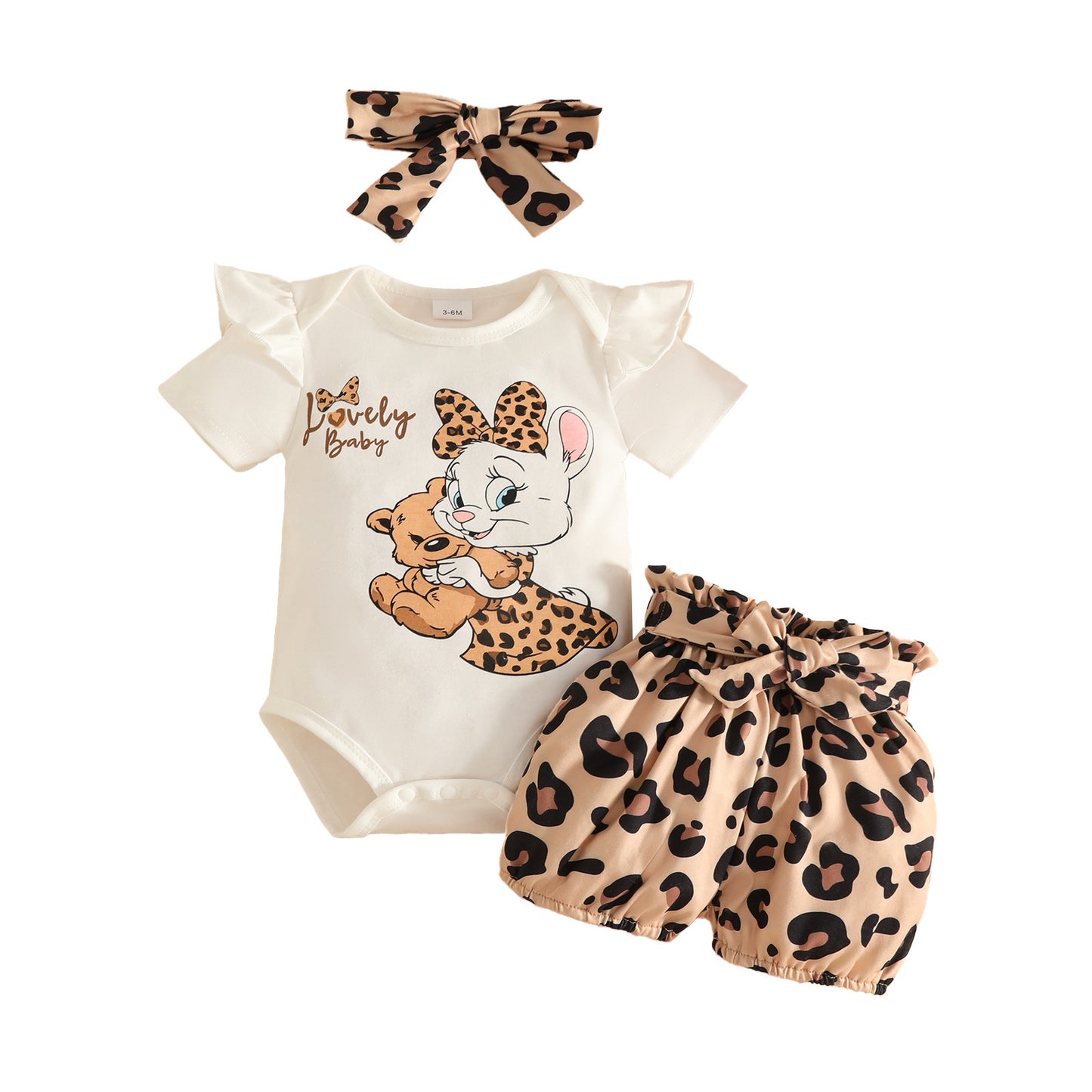 Cartoon Letter Short Sleeve Triangle Rompers Leopard Print Shorts Hair Children's Suit