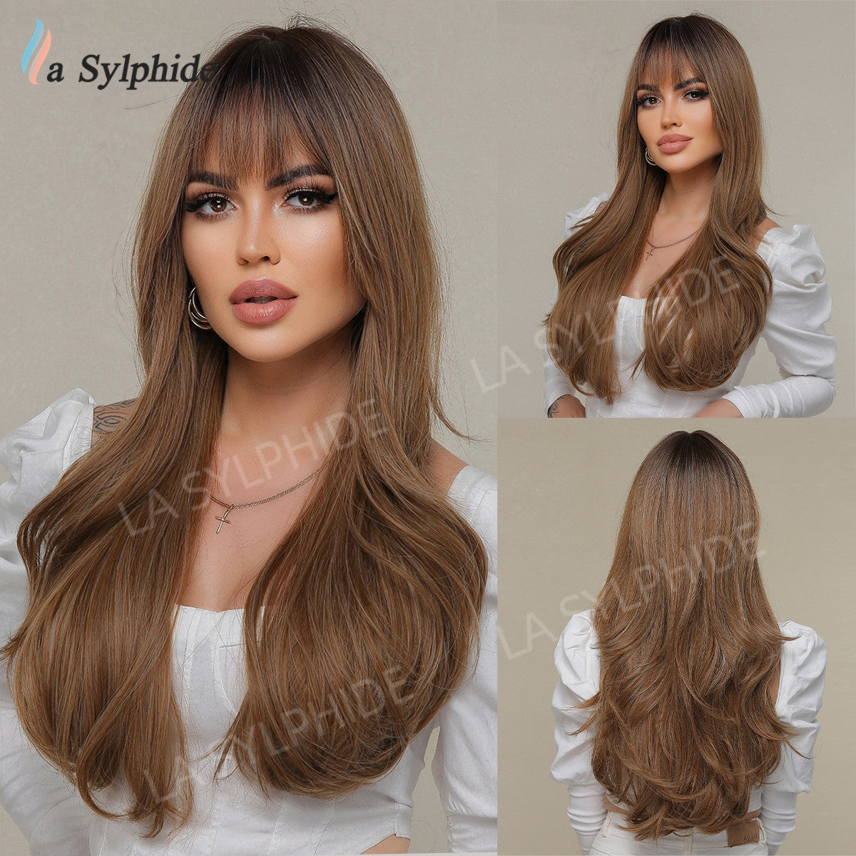 Curly Female Bangs Wine Red Brown Wig Long Curls