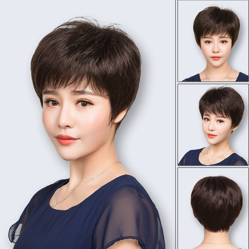Women's Mother Breathable Lightweight Hairstyle Side Bangs Real Hair Wig