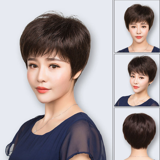 Women's Mother Breathable Lightweight Hairstyle Side Bangs Real Hair Wig