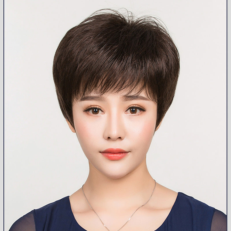 Women's Mother Breathable Lightweight Hairstyle Side Bangs Real Hair Wig