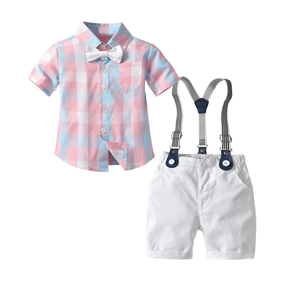 Children's Summer Clothing Gentleman Short-sleeved Plaid Shirt Children's Suit