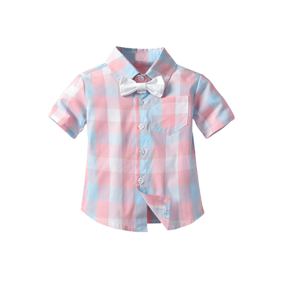Children's Summer Clothing Gentleman Short-sleeved Plaid Shirt Children's Suit