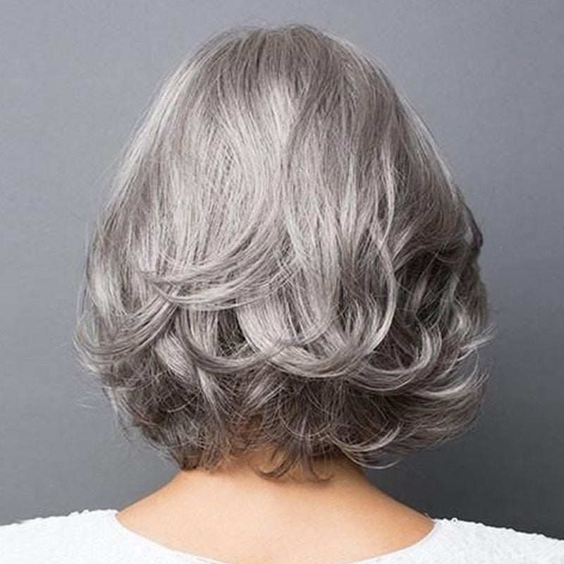 Lady Mom Sier Gray Curly Fluffy Wig Short Straight Hair