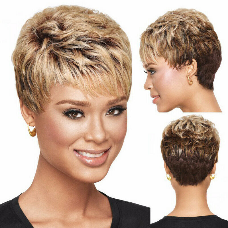 Female Curly Brown Gold Gradient Color Head Cover Wig Short Straight Hair
