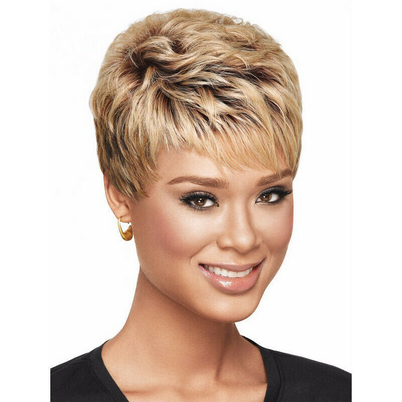 Female Curly Brown Gold Gradient Color Head Cover Wig Short Straight Hair