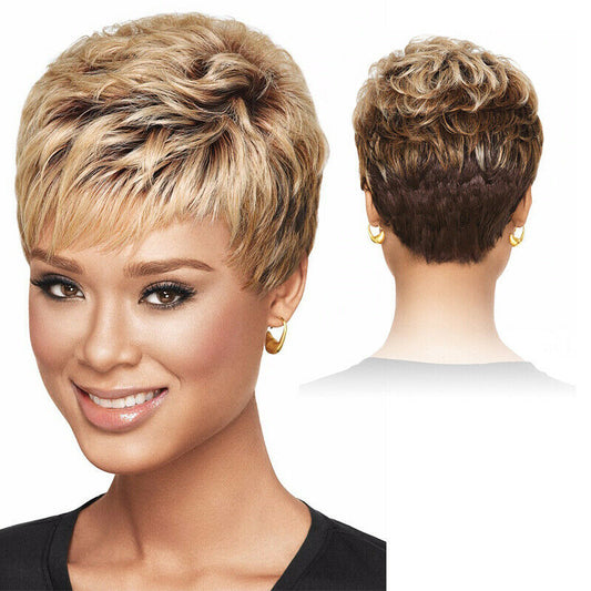 Female Curly Brown Gold Gradient Color Head Cover Wig Short Straight Hair