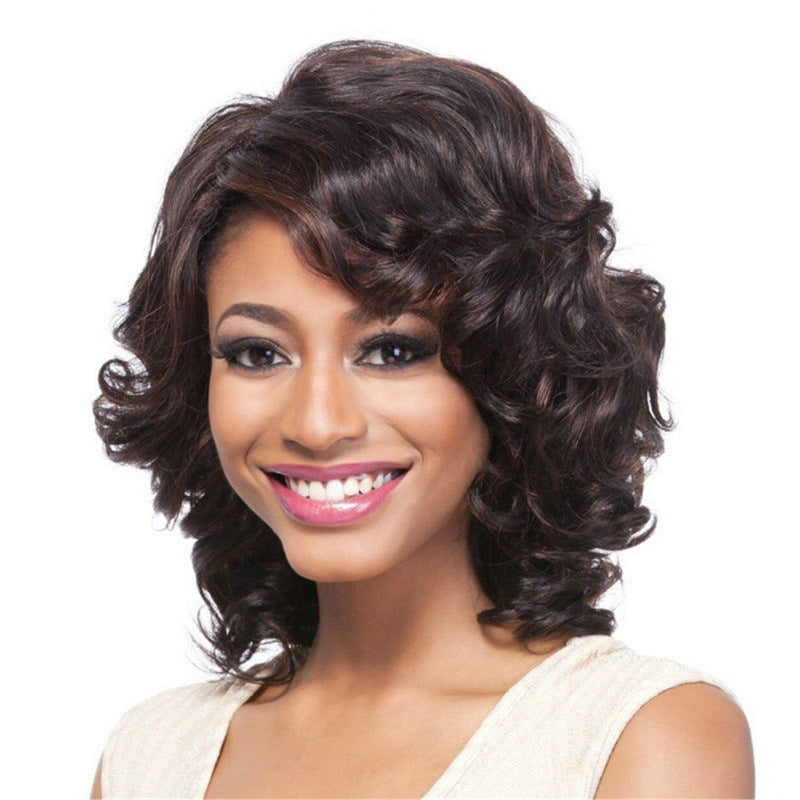Side Bangs Fashion Brown Fluffy Small Medium Wig Short Curly Hair