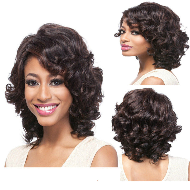 Side Bangs Fashion Brown Fluffy Small Medium Wig Short Curly Hair