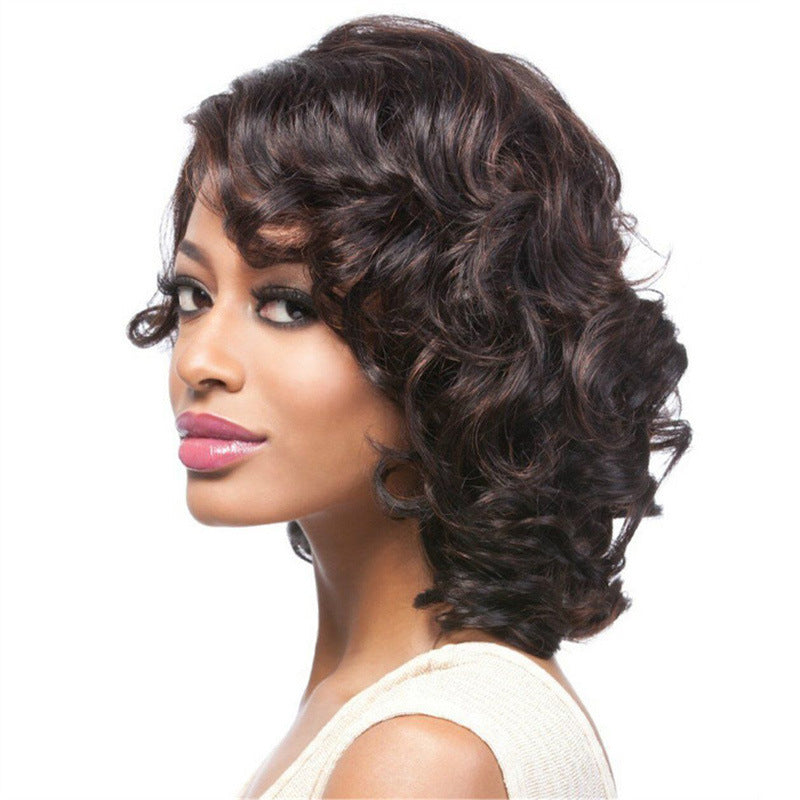Side Bangs Fashion Brown Fluffy Small Medium Wig Short Curly Hair