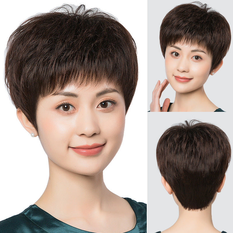 Women's Style Human Lady Mom Fashion Fluffy Natural Wig Short Straight Hair