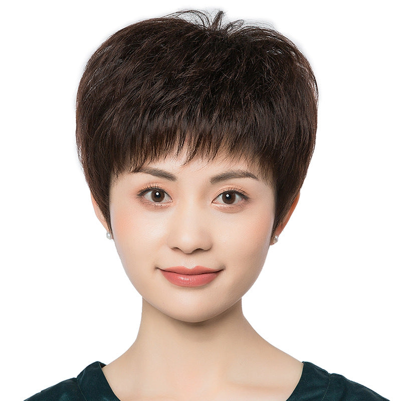 Women's Style Human Lady Mom Fashion Fluffy Natural Wig Short Straight Hair