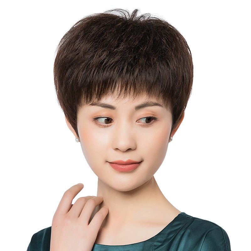 Women's Style Human Lady Mom Fashion Fluffy Natural Wig Short Straight Hair