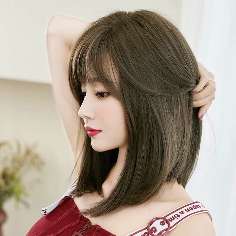 Women's Oblique Mid-length Full Top Hair Cover Sheath Natural Long Straight Wig