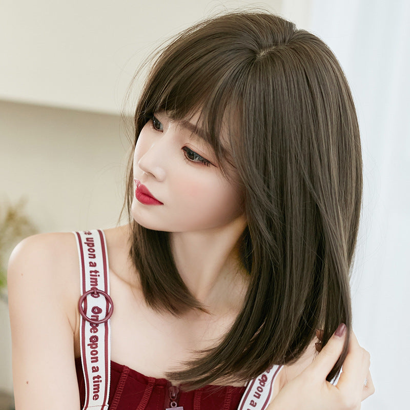 Women's Oblique Mid-length Full Top Hair Cover Sheath Natural Long Straight Wig