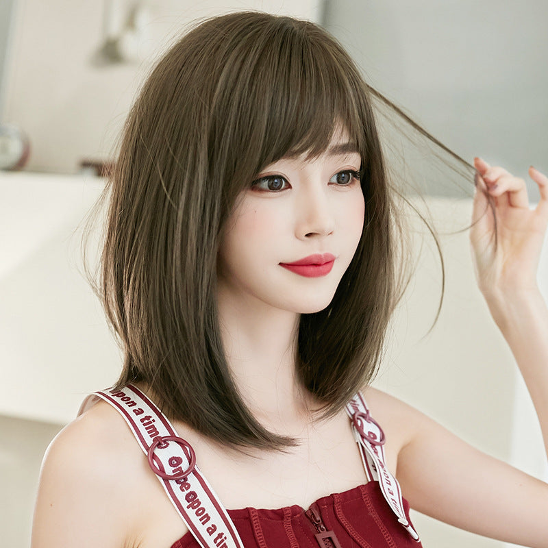 Women's Oblique Mid-length Full Top Hair Cover Sheath Natural Long Straight Wig