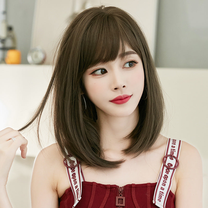 Women's Oblique Mid-length Full Top Hair Cover Sheath Natural Long Straight Wig