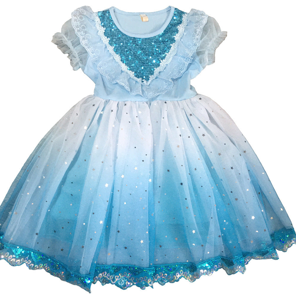 Children's Frozen Elsa Short-sleeved Mesh Day Gift Children's Dress