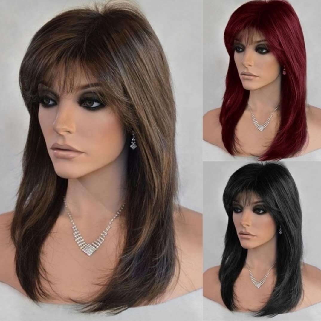 Women's Rinka Haircut Air Bangs Brown Wine Long Straight Wig