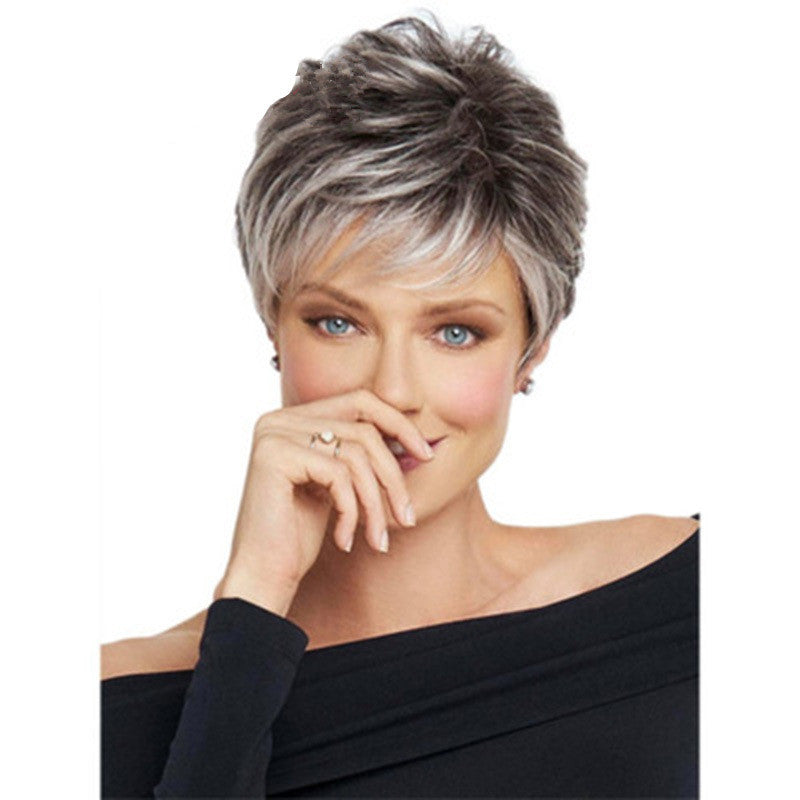 Women's Fashion Gradient Sier Gray Side Bangs Wig Short Curly Hair