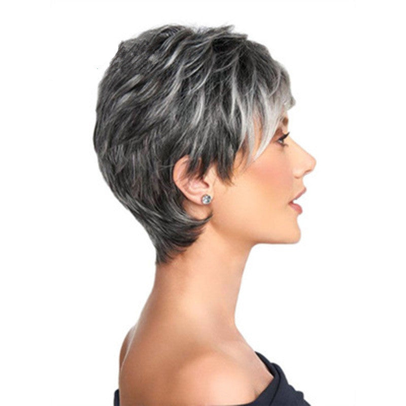 Women's Fashion Gradient Sier Gray Side Bangs Wig Short Curly Hair