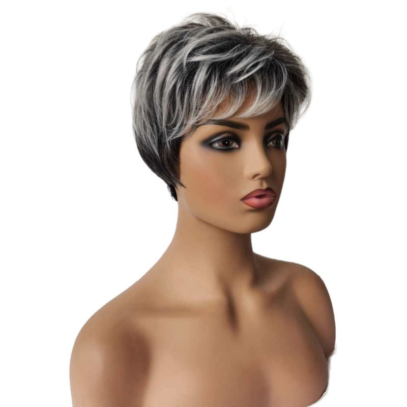 Women's Gray White Small Roll Tube Split Fiber Piece Wig Short Straight Hair